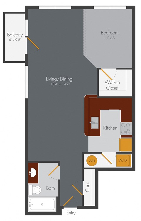 Floor plan for studio, 1 bath, 695 sqft